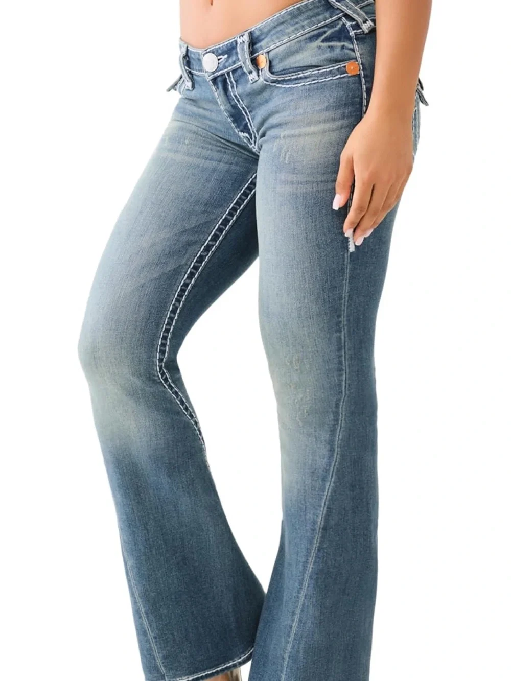 True Religion Women's Medium Blue Flare Jeans with Contrast Stitching - Picture 4 of 10